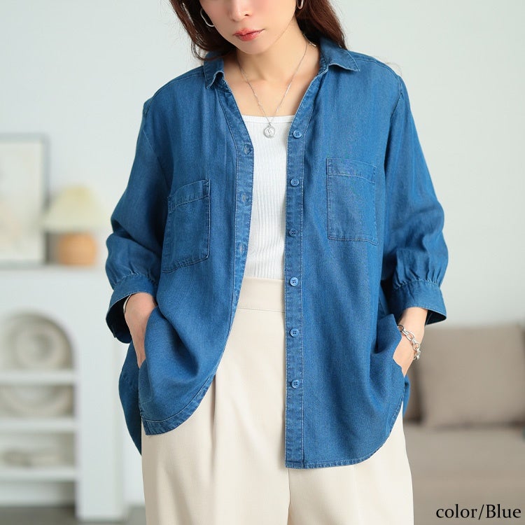大きいサイズ レディース テンセルデニムスキッパーシャツ ブルー