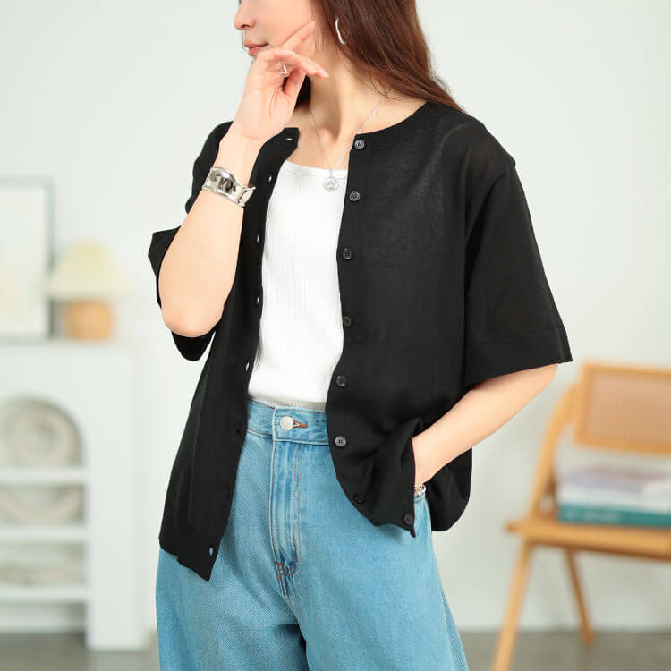 大きいサイズ レディース クルーネックサマーニットカーディガン