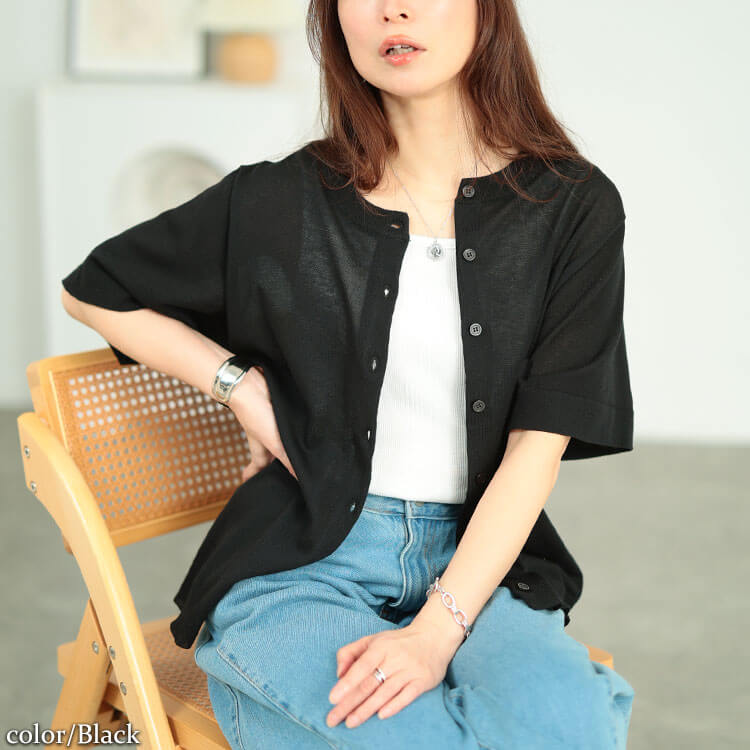 大きいサイズ レディース クルーネックサマーニットカーディガン ブラック