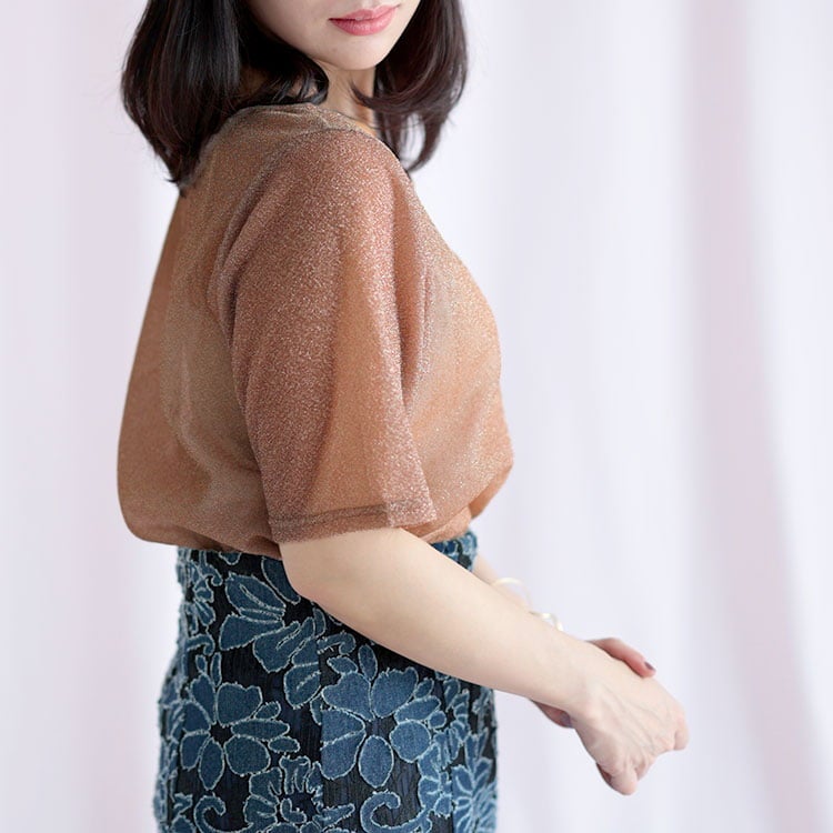 大きいサイズ レディース シアーラメ半袖トップス