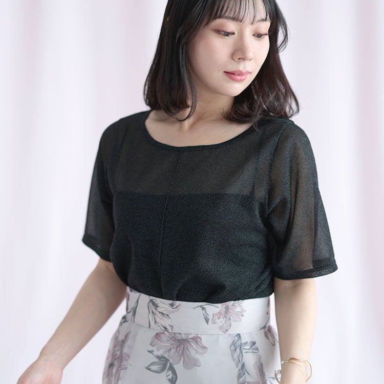 大きいサイズ レディース シアーラメ半袖トップス ブラック