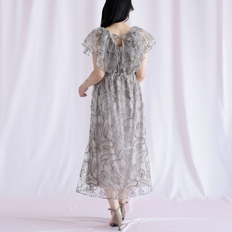 大きいサイズ レディース チュール刺繍フラワーフレアワンピース