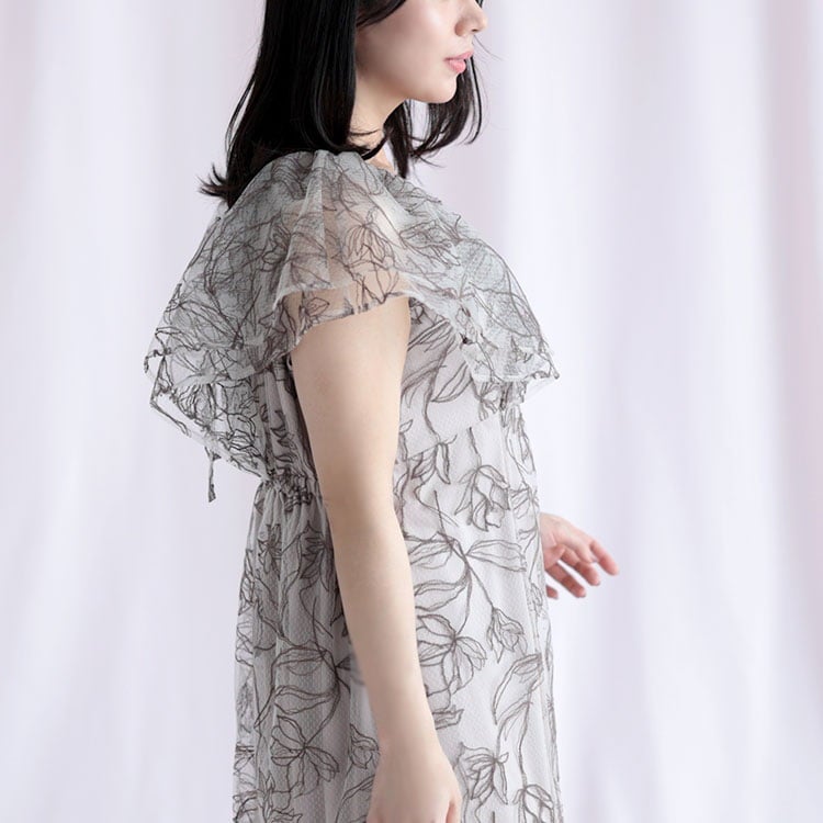 大きいサイズ レディース チュール刺繍フラワーフレアワンピース