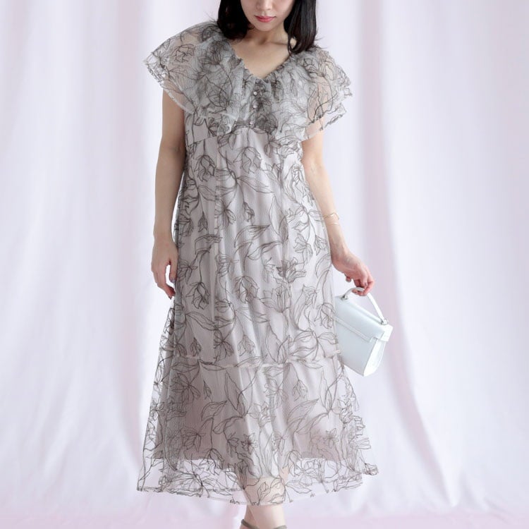 大きいサイズ レディース チュール刺繍フラワーフレアワンピース