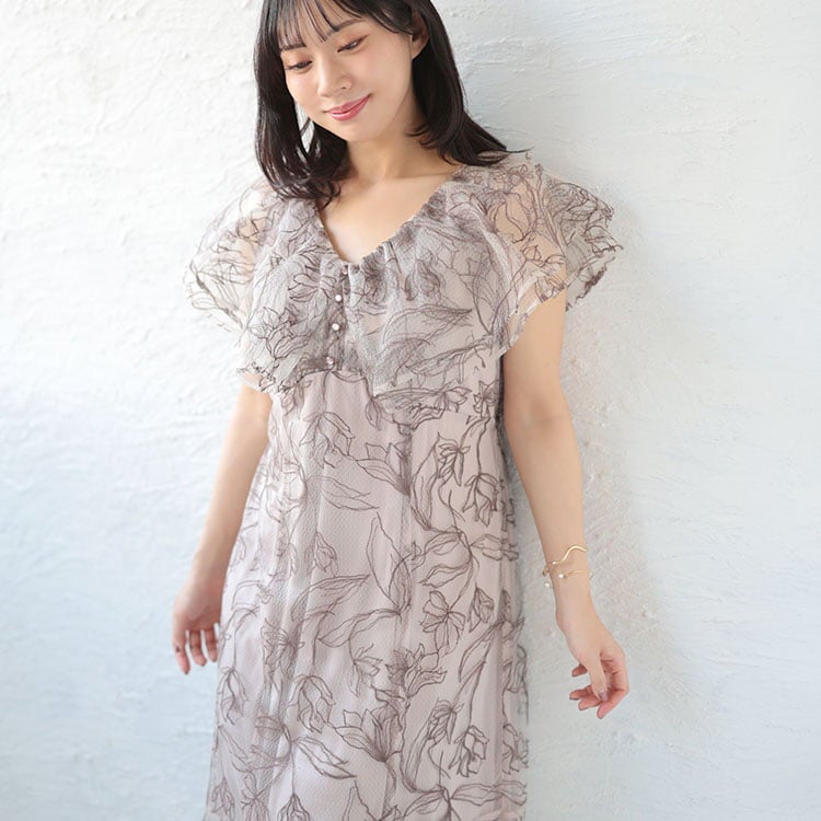 大きいサイズ レディース チュール刺繍フラワーフレアワンピース