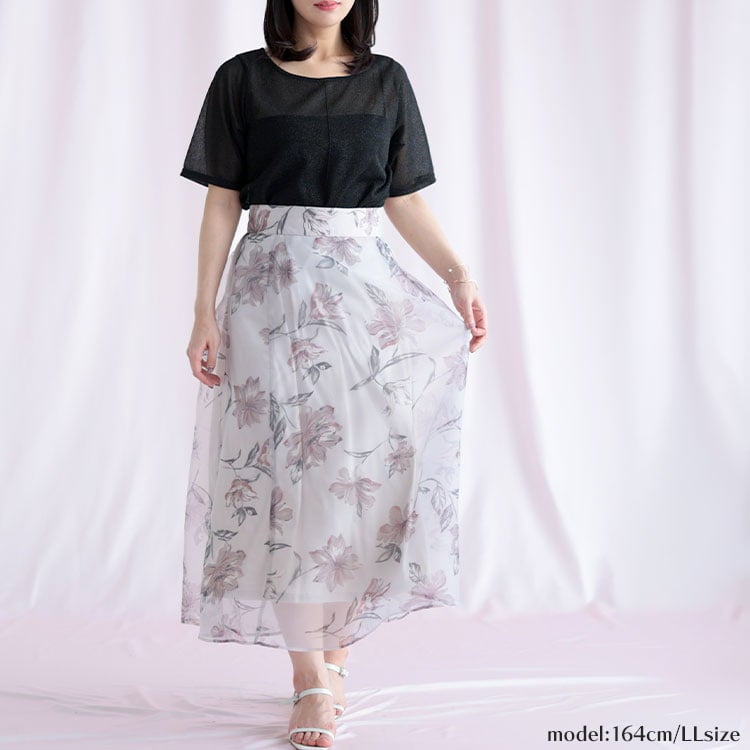 大きいサイズ レディース オーガンジーフラワーフレアスカート
