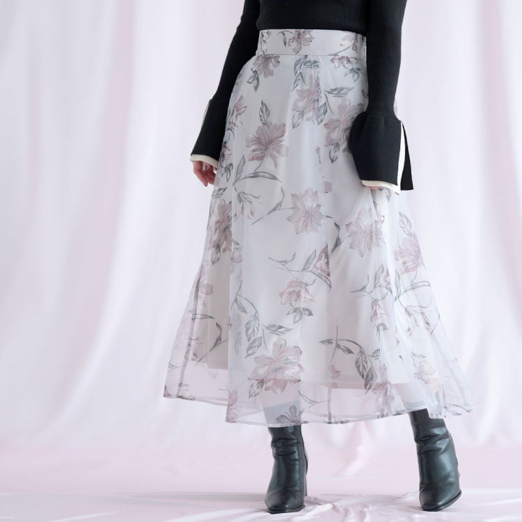 大きいサイズ レディース オーガンジーフラワーフレアスカート