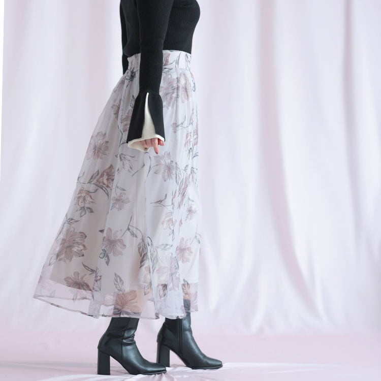 大きいサイズ レディース オーガンジーフラワーフレアスカート