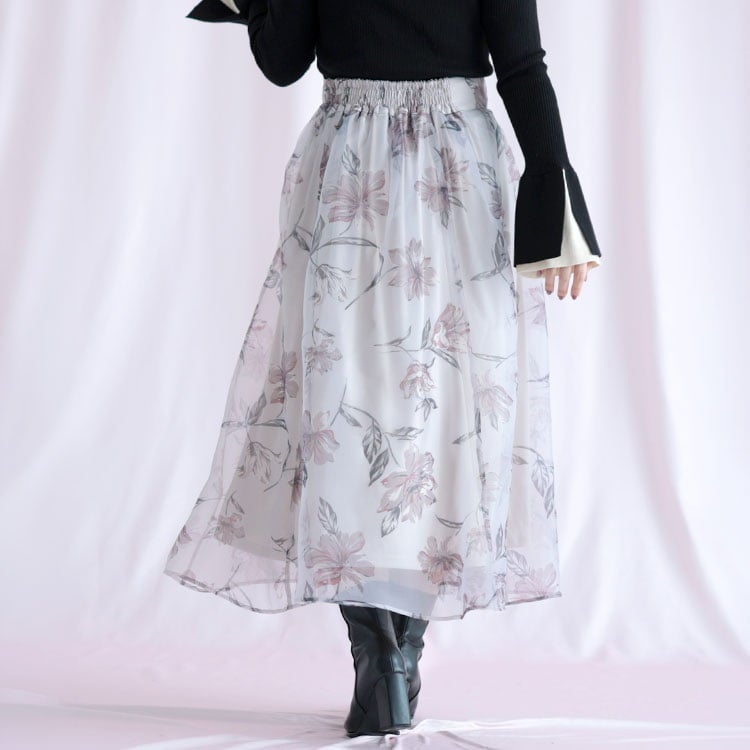 大きいサイズ レディース オーガンジーフラワーフレアスカート