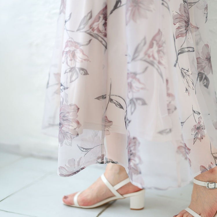 大きいサイズ レディース オーガンジーフラワーフレアスカート