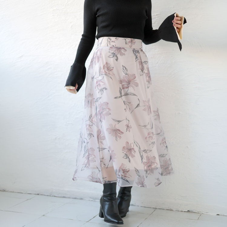 大きいサイズ レディース オーガンジーフラワーフレアスカート