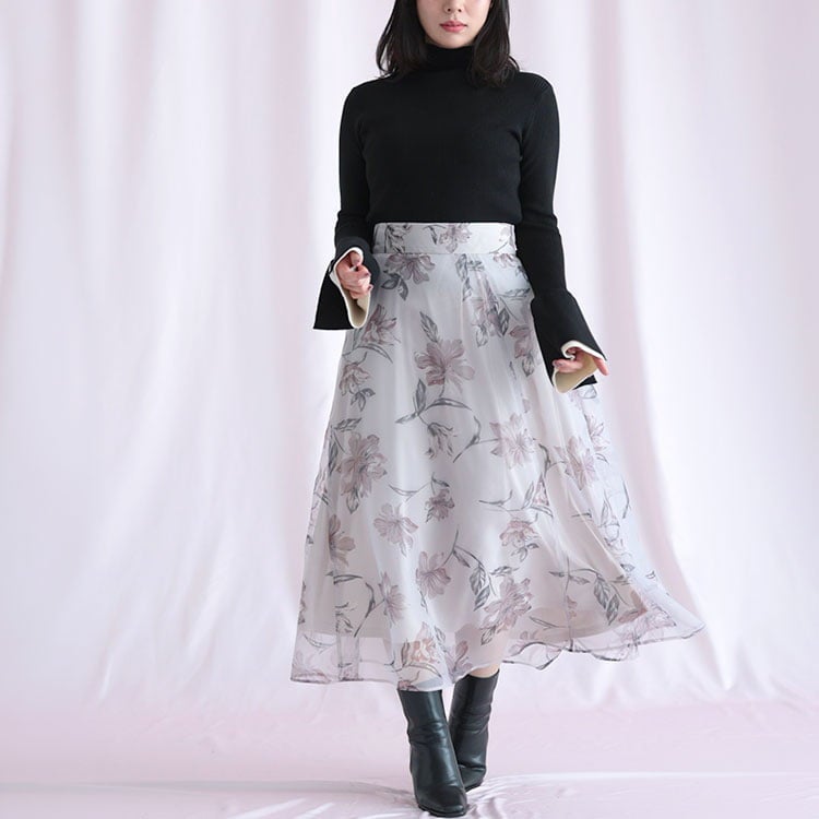 大きいサイズ レディース オーガンジーフラワーフレアスカート