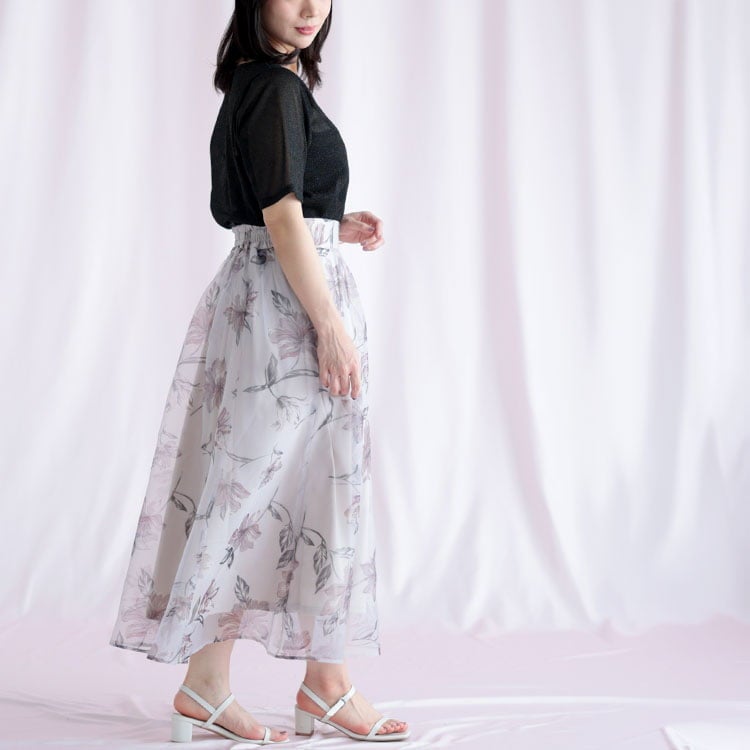 大きいサイズ レディース オーガンジーフラワーフレアスカート