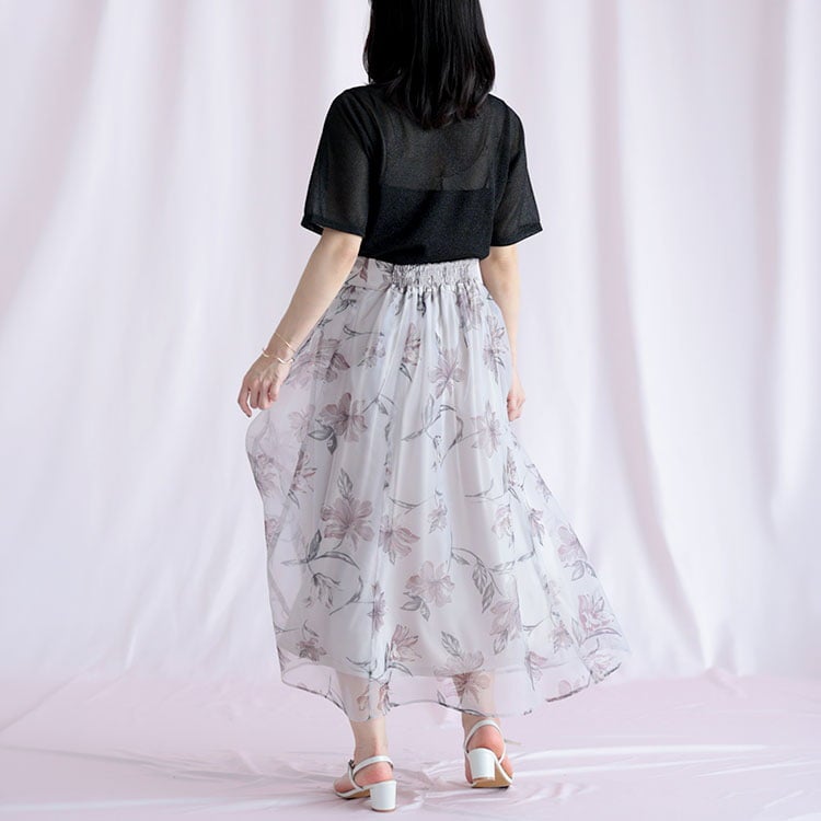 大きいサイズ レディース オーガンジーフラワーフレアスカート