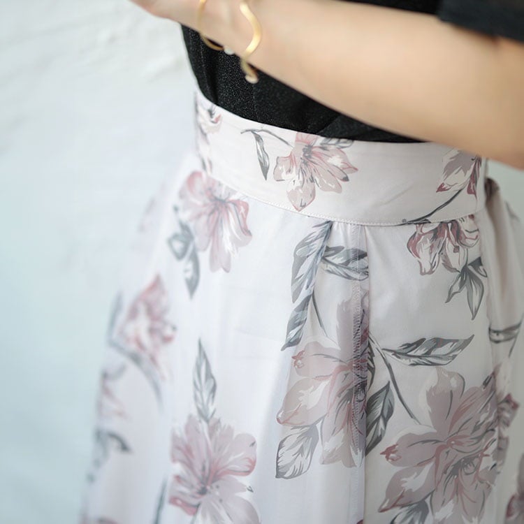 大きいサイズ レディース オーガンジーフラワーフレアスカート