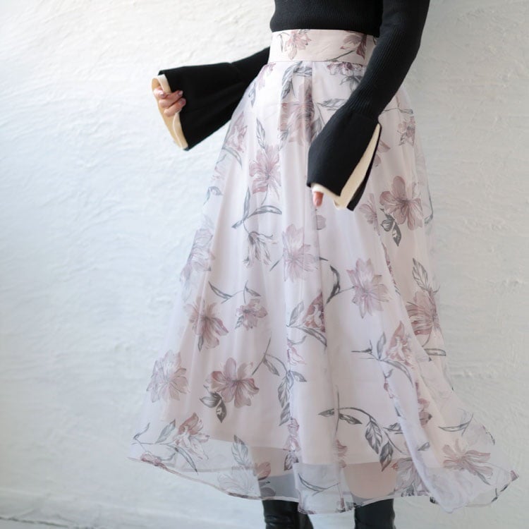 大きいサイズ レディース オーガンジーフラワーフレアスカート