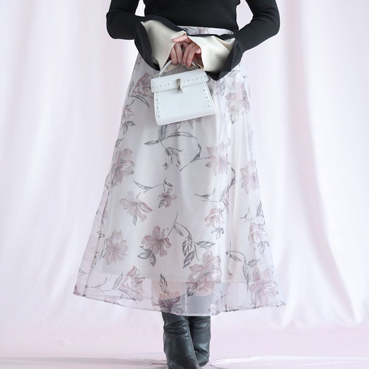 大きいサイズ レディース オーガンジーフラワーフレアスカート