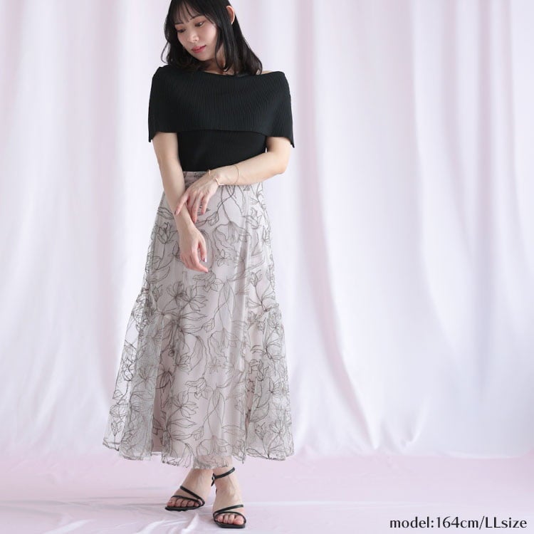 大きいサイズ レディース チュール刺繍フラワーフレアスカート