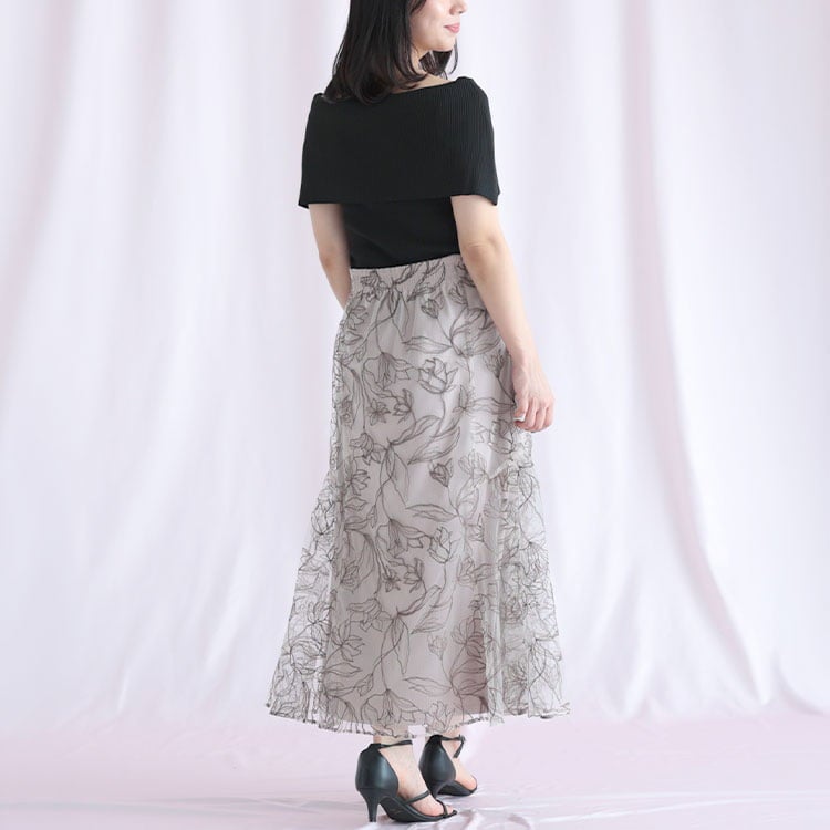 大きいサイズ レディース チュール刺繍フラワーフレアスカート