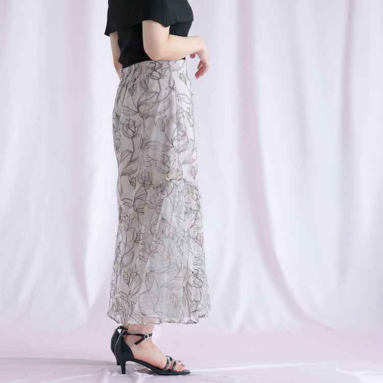 大きいサイズ レディース チュール刺繍フラワーフレアスカート