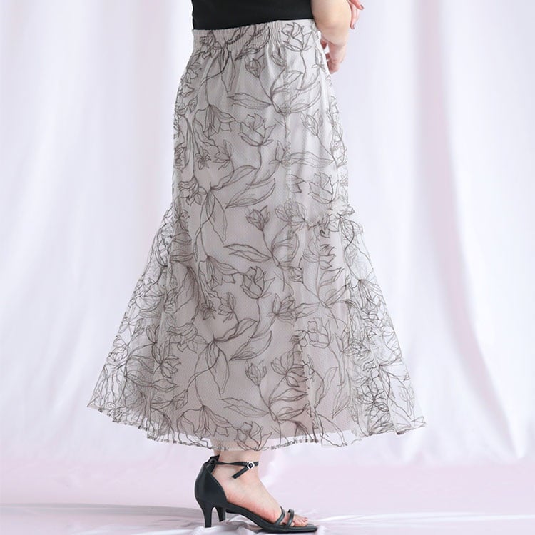 大きいサイズ レディース チュール刺繍フラワーフレアスカート