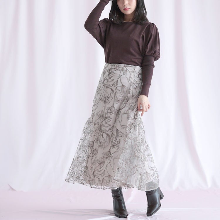 大きいサイズ レディース チュール刺繍フラワーフレアスカート
