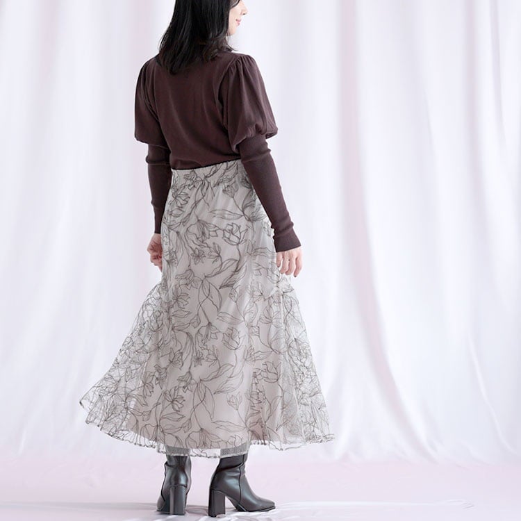 大きいサイズ レディース チュール刺繍フラワーフレアスカート