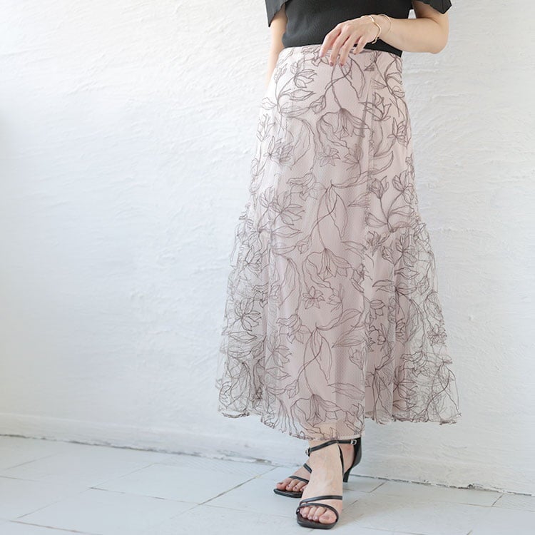 大きいサイズ レディース チュール刺繍フラワーフレアスカート