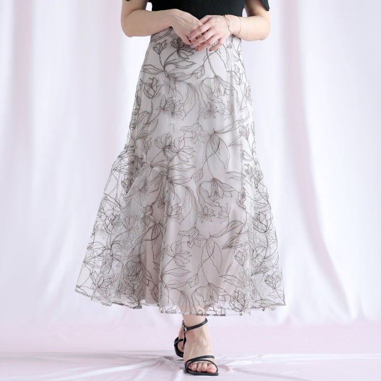 大きいサイズ レディース チュール刺繍フラワーフレアスカート