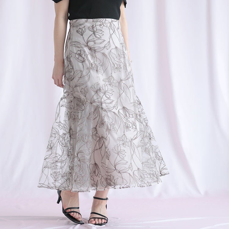 大きいサイズ レディース チュール刺繍フラワーフレアスカート ピンク