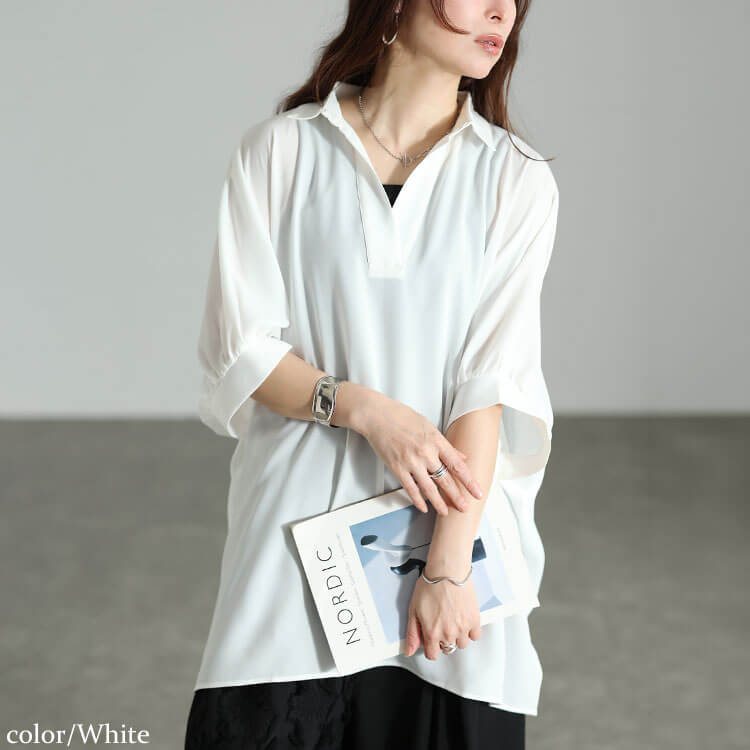 大きいサイズ レディース 接触冷感スキッパードルマンシャツチュニック ホワイト