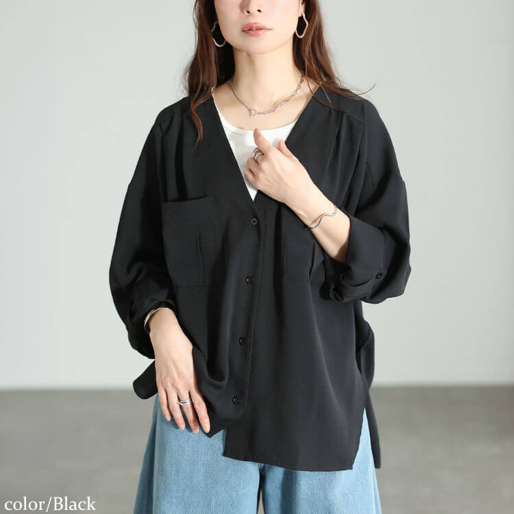 大きいサイズ レディース 袖ロールアップVネックカーディガン