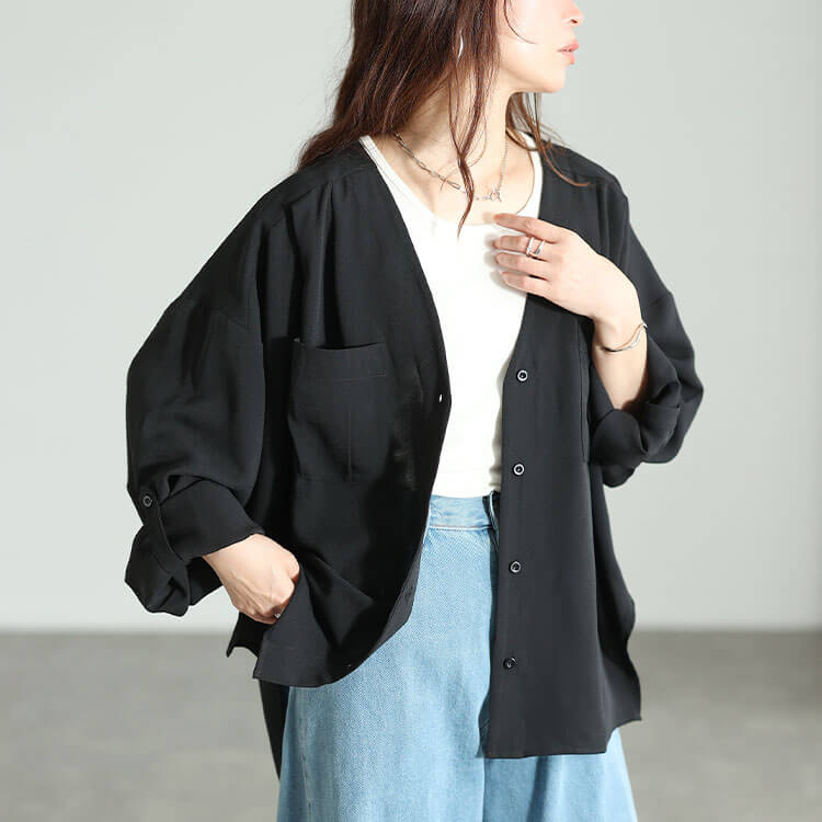 大きいサイズ レディース 袖ロールアップVネックカーディガン