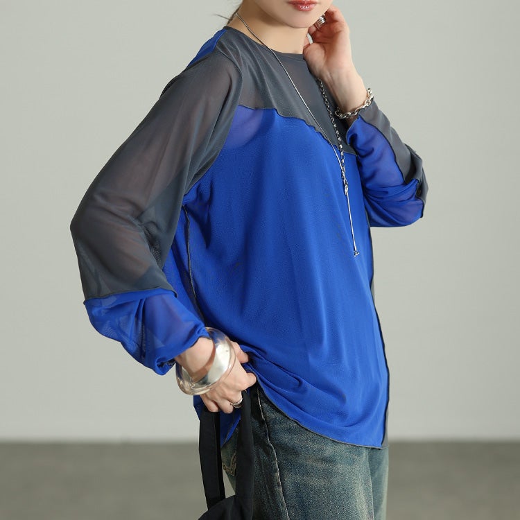 大きいサイズ レディース アシメ配色メロー切り替えシアープルオーバー