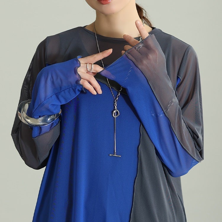 大きいサイズ レディース アシメ配色メロー切り替えシアープルオーバー