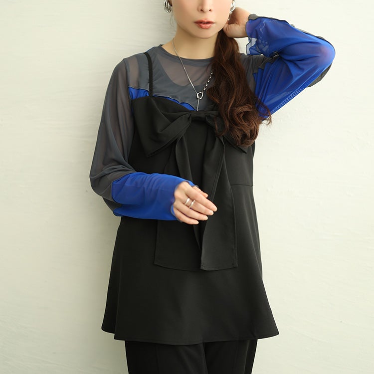 大きいサイズ レディース アシメ配色メロー切り替えシアープルオーバー