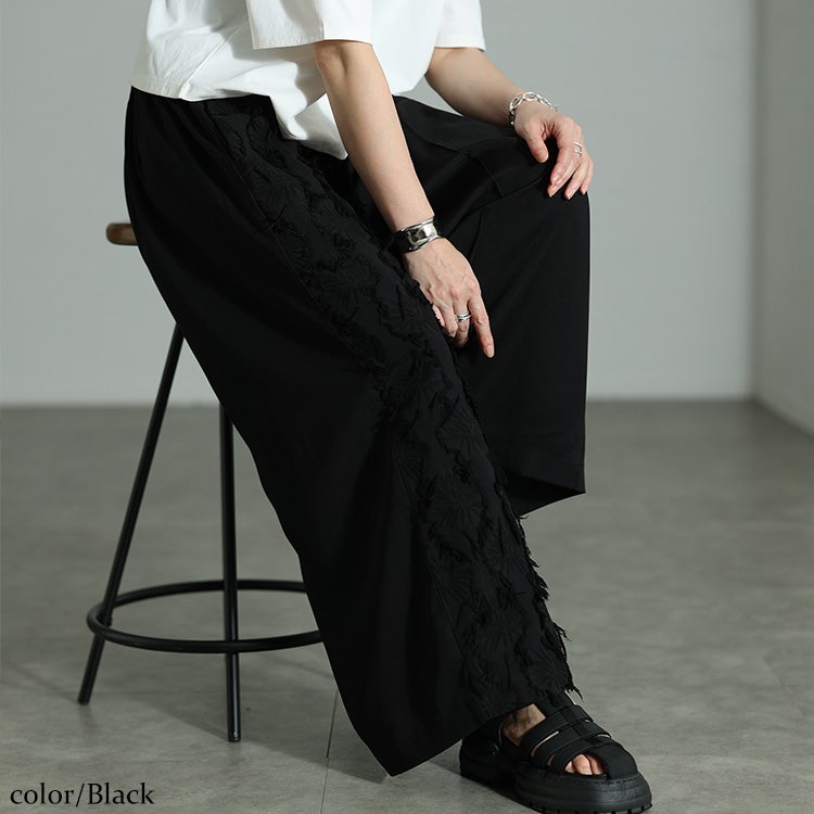 大きいサイズ レディース 花柄ジャガード切り替えアシンメトリーパンツ