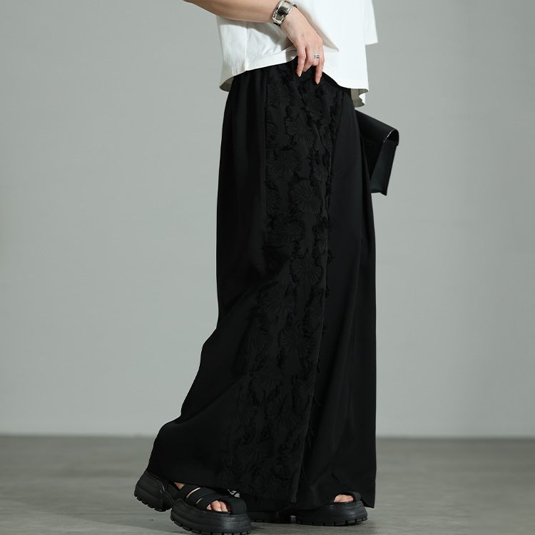 大きいサイズ レディース 花柄ジャガード切り替えアシンメトリーパンツ