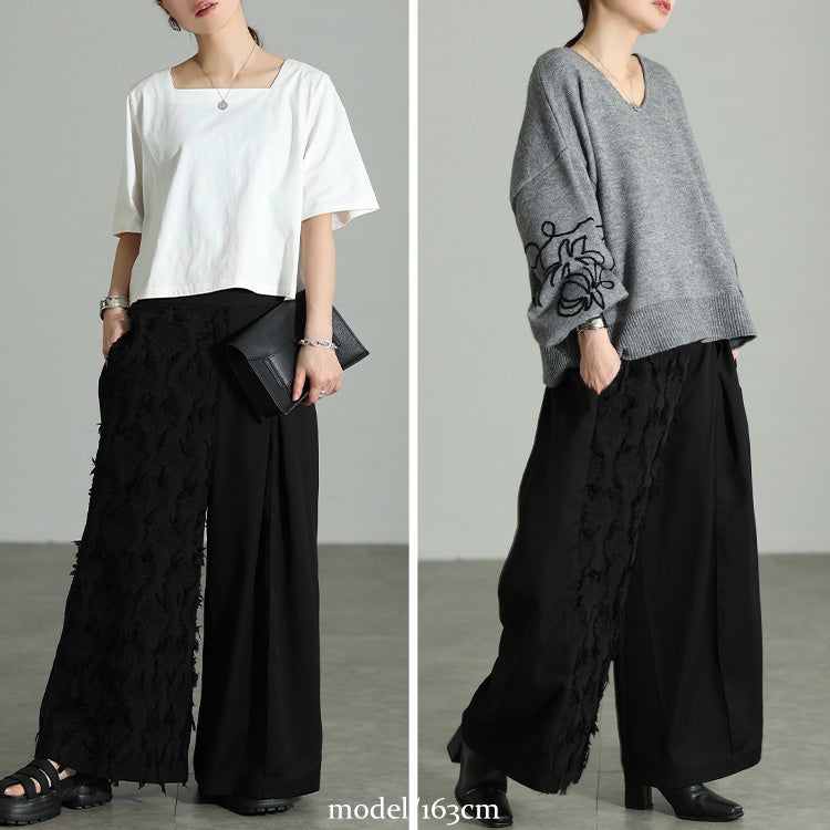 大きいサイズ レディース 花柄ジャガード切り替えアシンメトリーパンツ