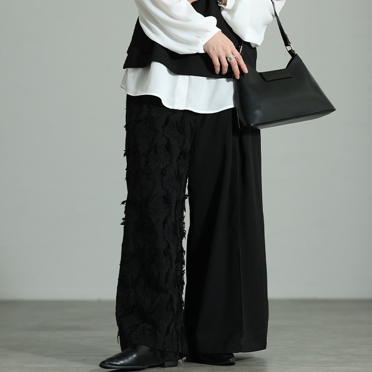 大きいサイズ レディース 花柄ジャガード切り替えアシンメトリーパンツ