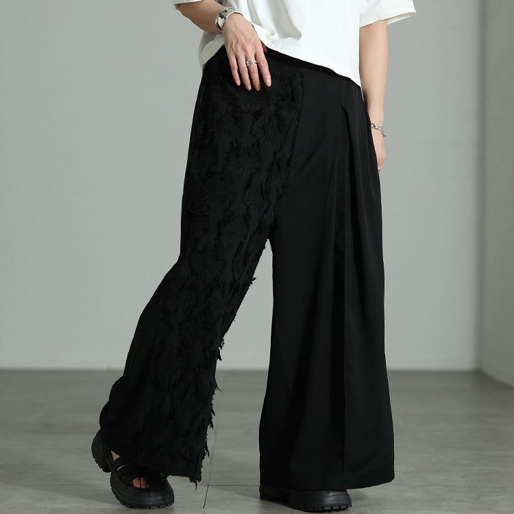 大きいサイズ レディース 花柄ジャガード切り替えアシンメトリーパンツ