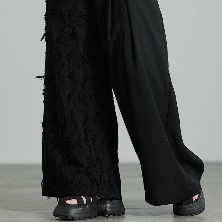 大きいサイズ レディース 花柄ジャガード切り替えアシンメトリーパンツ