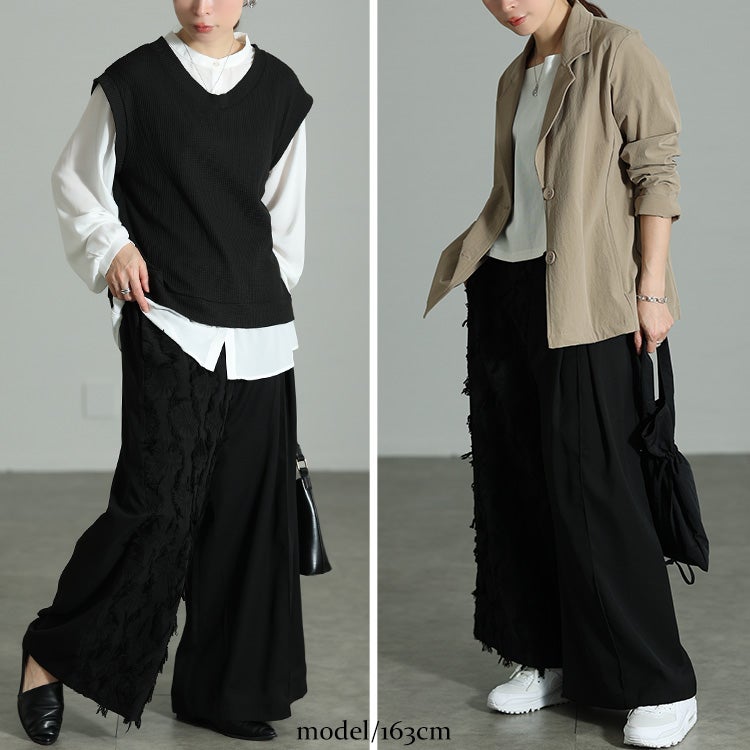 大きいサイズ レディース 花柄ジャガード切り替えアシンメトリーパンツ