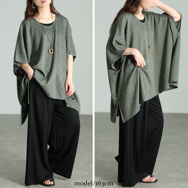 大きいサイズ レディース 幾何学柄透かし編みワイドニット