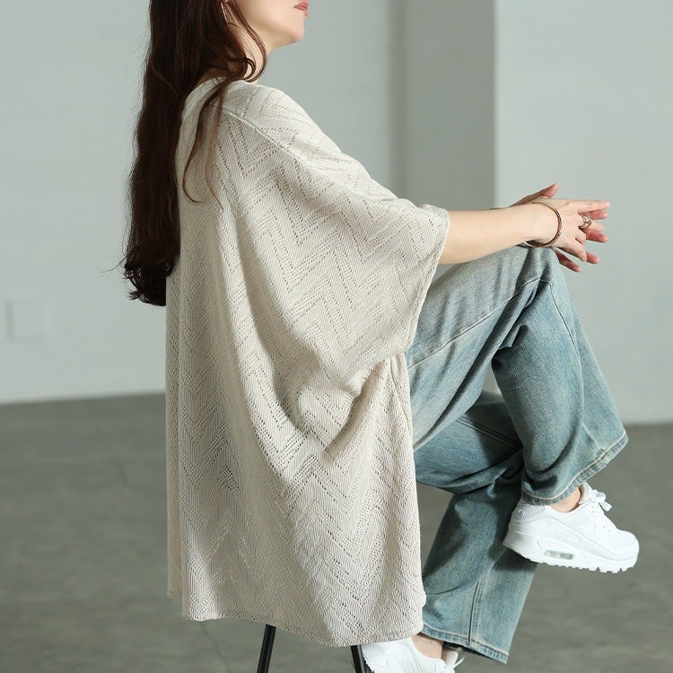 大きいサイズ レディース 幾何学柄透かし編みワイドニット