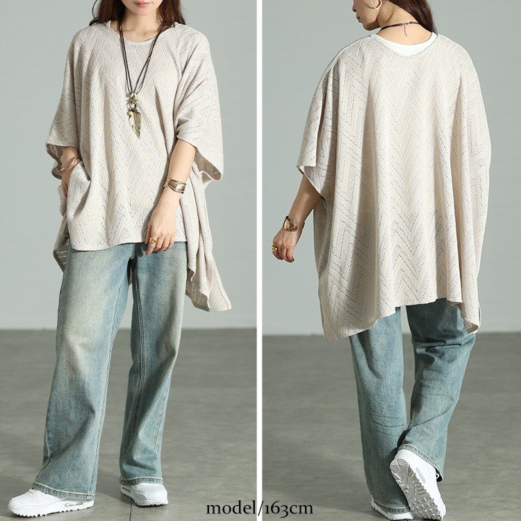 大きいサイズ レディース 幾何学柄透かし編みワイドニット