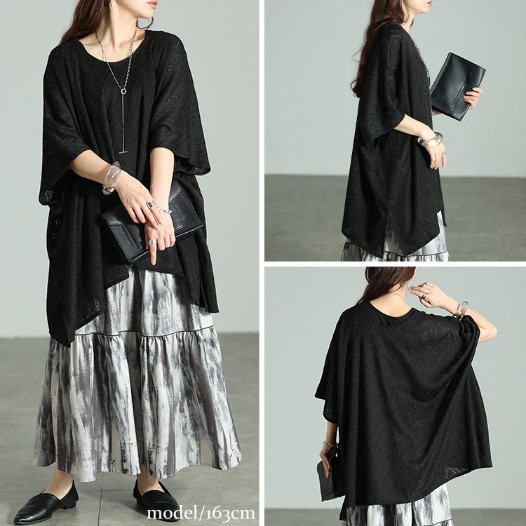 大きいサイズ レディース 幾何学柄透かし編みワイドニット