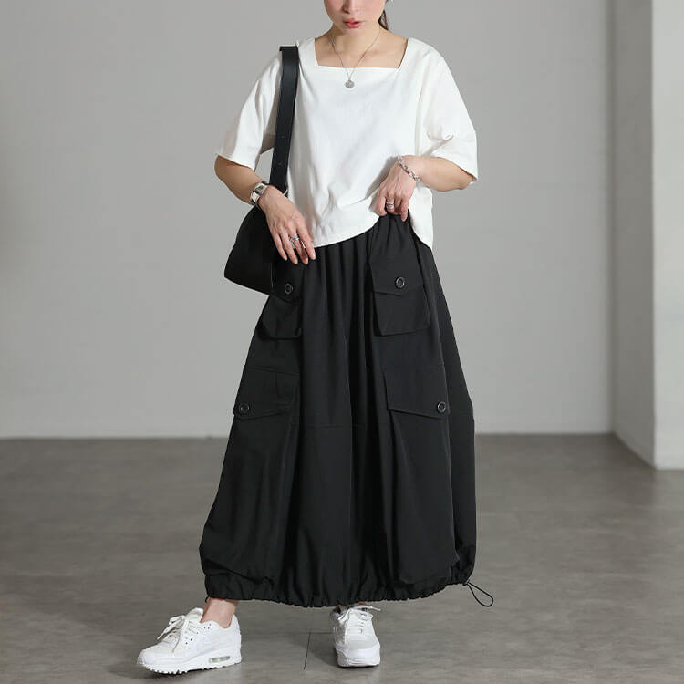 大きいサイズ レディース 裾ドロストビッグポケットスカート