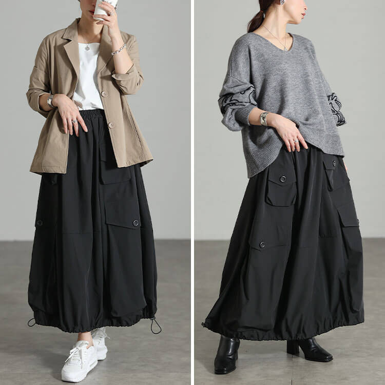 大きいサイズ レディース 裾ドロストビッグポケットスカート