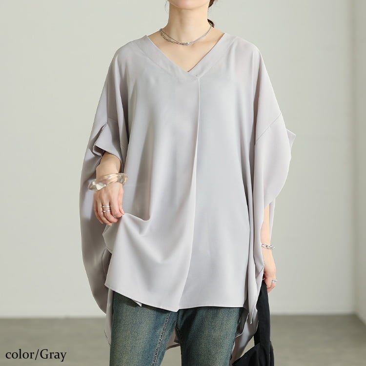 大きいサイズ レディース 接触冷感後ろシャーリングドルマンチュニック グレー